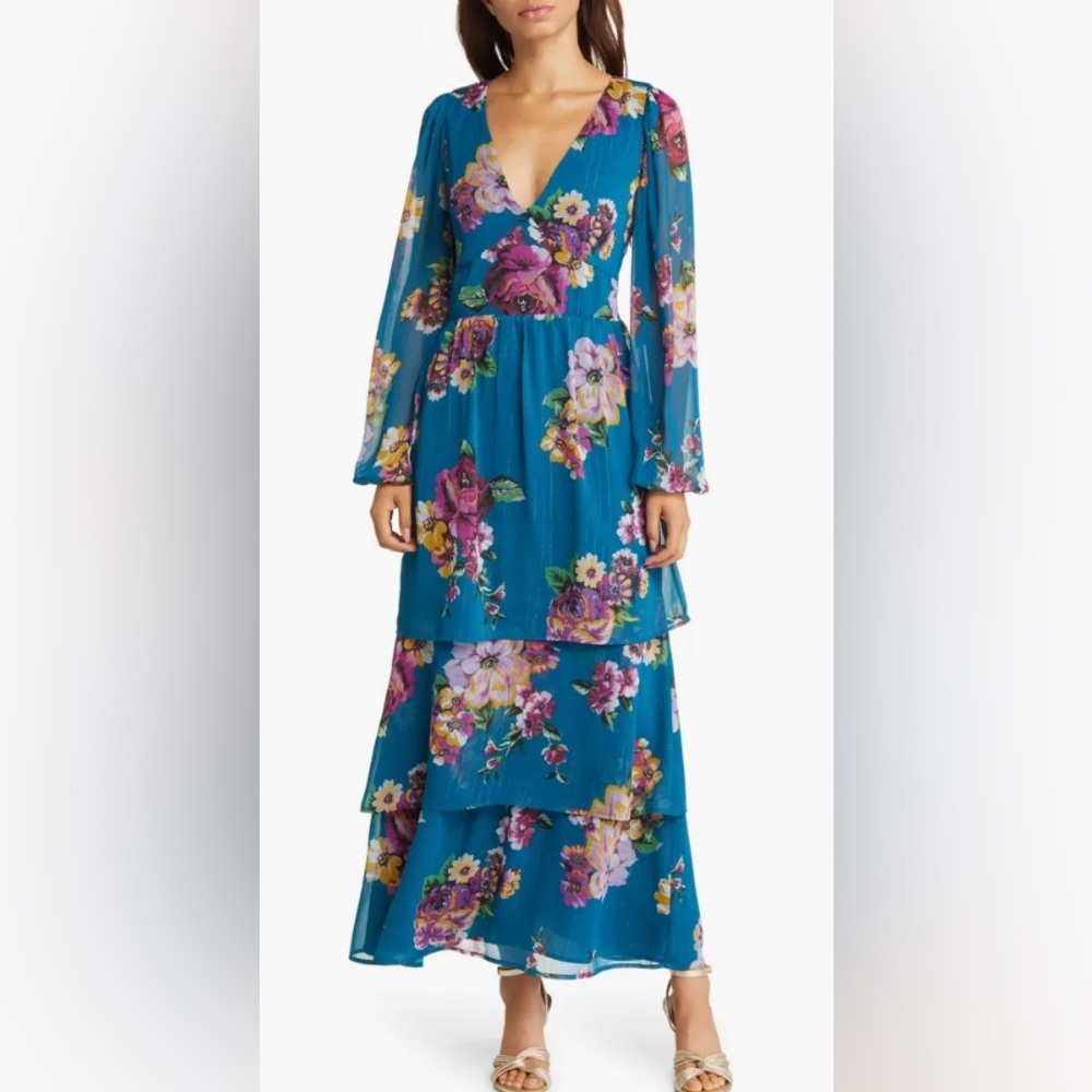 NWT Fourteenth Place Balboa Tiered Floral Print Long Sleeve Chiffon Maxi Dress